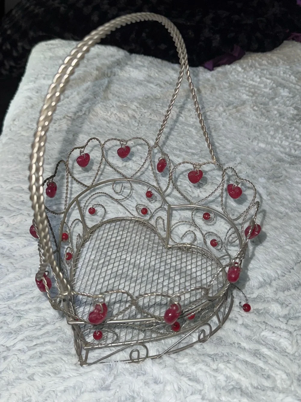 Decorative Silver Heart Basket with Red Bead Accents - Home Holiday